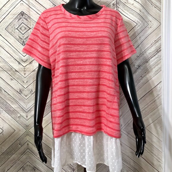 LOGO Lori G 1X coral pink striped white swiss dot